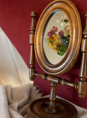 画玩美法式复古镜子女生卧室中古桌面木质化妆镜实木台式梳妆镜