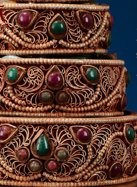 尼泊尔手工掐丝曼扎盘宝石镶嵌曼茶罗盘室内家用曼达盘桌面摆件