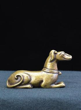 中式古典茶宠把玩件黄铜摆件旺财铜狗招财铜器书房镇纸实心铜铸