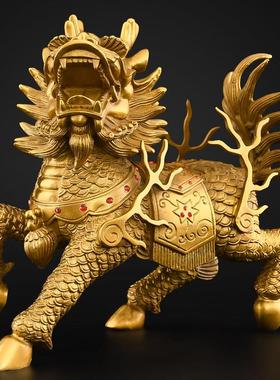 铜麒麟摆件一对公母招黄铜客厅大门口财八卦入户大号火麒麟工艺品