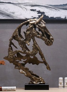 现代新中式创意轻奢铜马头摆件客厅电视柜装饰品书房办公室摆设品