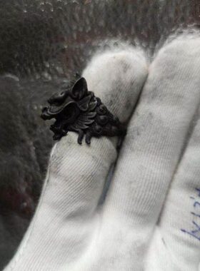 戒食指獬豸神兽银指铜麒麟头男士戒指大潮男戒板戒戒开口复古霸气