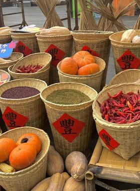 复古色竹编箩筐饭店明档摆台食材展示筐蔬菜陈列收纳筐竹篮簸箕筐