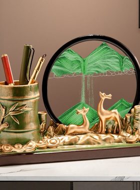 招财鹿节节高升笔筒流沙画摆件办公室桌面装饰品送老师教师节礼物