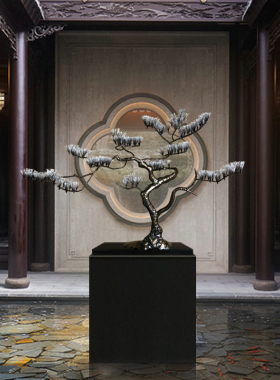 现代中式金属迎客松件样板房软装家具饰品售楼处别墅客厅玄关摆设