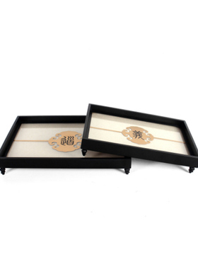 新中式铁艺玻璃金属托盘摆件样板房软装饰品茶几长方形收纳盘茶盘