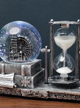 复古音乐铁塔水晶球沙漏计时器摆件创意办公桌面桌面装饰八音盒
