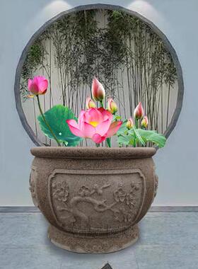 花岗岩石雕花盆门海鱼缸荷花盆圆缸庭院室内园林景观天然石材摆件