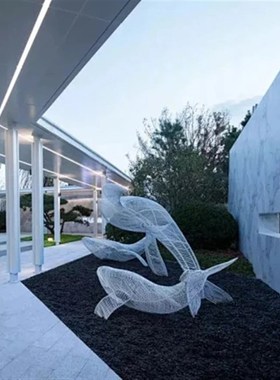 不锈钢镂空鲸鱼雕塑酒店别墅室内装饰品抽象艺术营销中心动物摆件