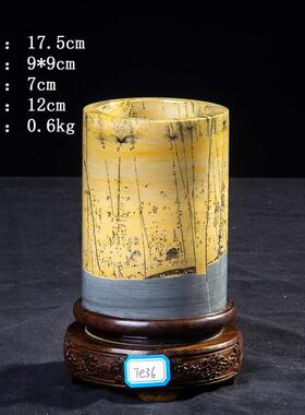 内有多款草花石国画石奇石工艺品黑檀木旋转底座矮圆柱笔筒圆珠笔