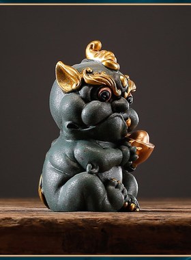 碌心 青砂石貔貅持宝抱球 国潮摆件逗兽记 鱼缸造景桌面摆件装饰