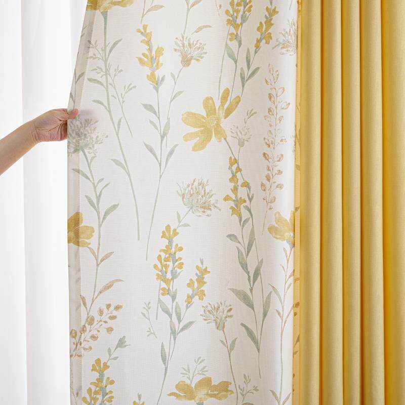 田园清新拼色棉麻布料飘窗落地透光窗帘印花布阳台客厅成品半遮光 - 图2