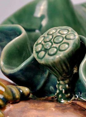 石湾公仔陶瓷荷花莲藕荷叶手工家居摆件饰品喜结莲理果盘创意礼品