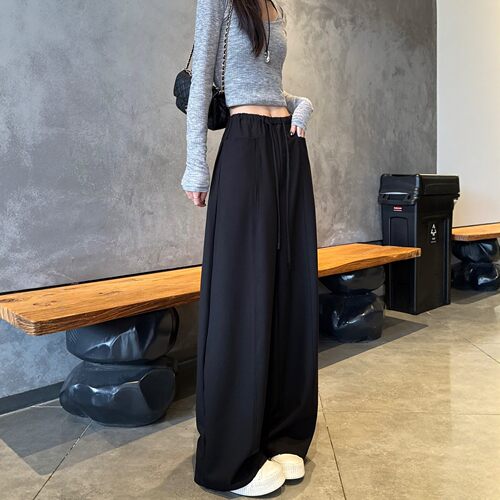灰色西装阔腿裤女2026春夏高腰休闲抽绳弯刀裤垂坠感酷飒风直筒裤 - 图3