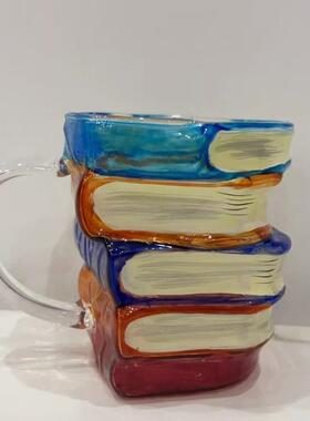 跨境Painted Book Mug彩绘书杯摆件玻璃马克杯咖啡杯装饰工艺品
