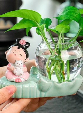 古典粉色格格个性化水培绿植玻璃C花瓶器皿办公室玄工位关飘窗摆