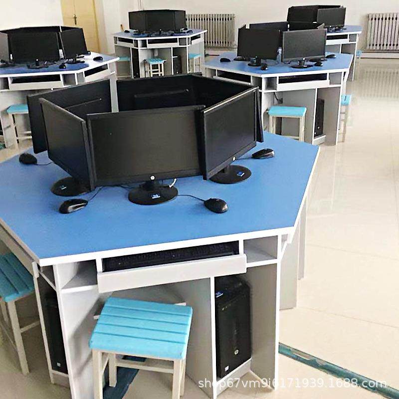 学生电脑桌实验桌子微机室培训阅览组合拼接六角课桌椅防火板材,淘宝优惠券,粉丝福利购,淘宝优惠卷