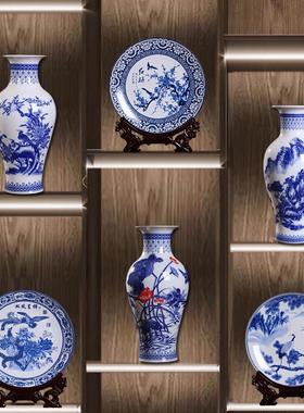 新中式酒店茶室博古架置物架茶柜装饰摆件仿古青花瓷花瓶茶壶茶具