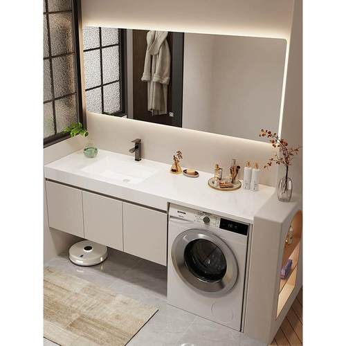 岩板陶瓷无缝一体盆洗衣机柜浴室柜组合卫生间洗手台洗脸盆洗漱台 - 图0