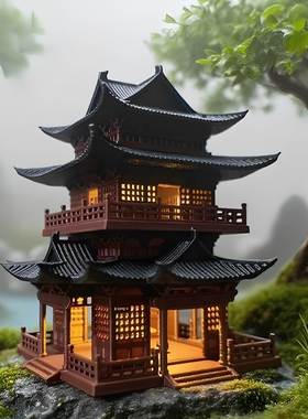 3D打印古建筑模型小房子摆件水陆鱼缸盆景假山古风微景观造景亭