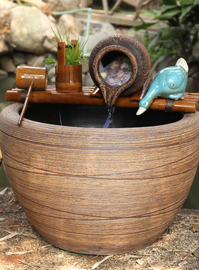 竹子流水器树脂陶罐水缸养鱼缸增氧流水摆件循环水田园装饰