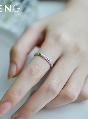 满天星戒指女s925纯银简约高级感喷砂车花食指R开口银戒男尾戒刻