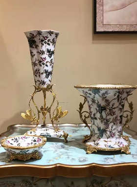 欧式玄关装饰摆件花插陶瓷配铜花瓶美式客厅工艺品黄铜装饰摆设