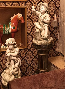 欧式别墅庭院田园工艺品雕塑浮雕女孩与鸭子男孩坐蜗牛雕像摆件