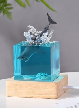 创意海洋树脂手工艺品鲸鱼座头鲸海豚巨齿鲨咖啡厅家居小夜灯摆件