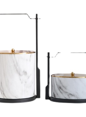 新中式创意礼品样板房软装饰品金属大理石纹圆形收纳饰盒书房摆件