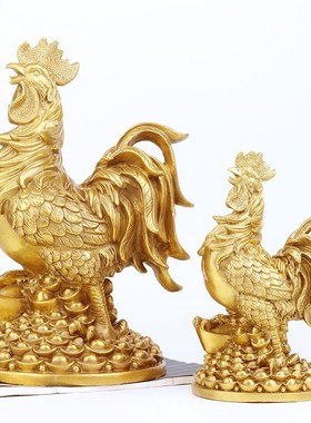 铜公鸡摆件中式黄铜大小号脚踩元宝生肖装饰鸡旺事业桌面工艺礼品