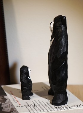 饿扁了的黑熊手工木雕小摆件卡通可爱电视书柜办公桌面装饰品
