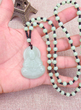 弥勒佛玉观音玻璃吊坠圆珠链项链