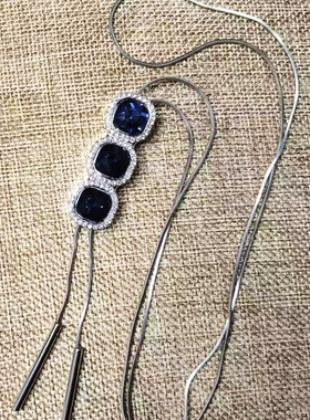 三个蓝色水晶方块毛衣链女款项链