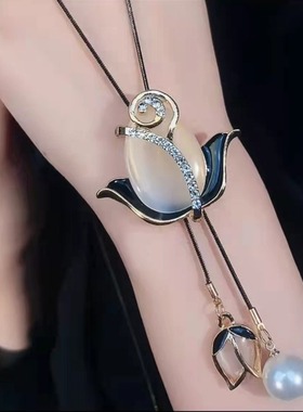 水晶花朵毛衣链流苏女款项链长款