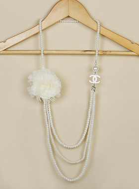 珍珠项链蕾丝胸花圆珠链女毛衣链