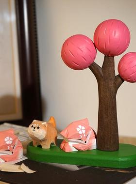 手工木雕摆件小狐狸八重神子可爱动物猫咪柴犬狗木头刻桌面装饰品