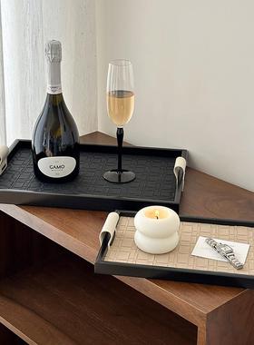 拍照道具韩系仿藤编收纳托盘香薰木质手柄装饰摆件收纳筐展示高级