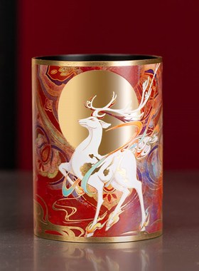 朱炳仁铜 鹿王献瑞笔筒 书房文具礼品学生办公室桌面送礼领导