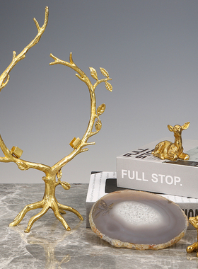 轻奢天然玛瑙晶石黄铜树摆件家居客厅别墅酒柜玄关工艺装饰品送礼