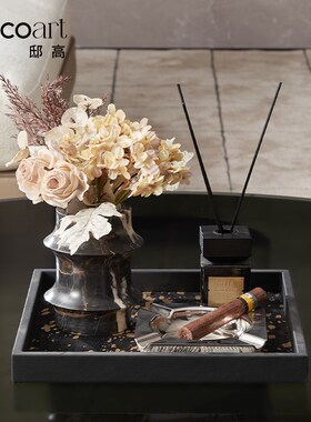 邸高家居高端公司会客厅沙发圆几托盘纸巾盒花瓶组合造景布置搭配