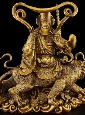 黄铜赵公明摆件家用五路财神铜像供奉武财神赵公明骑黑虎神像大号