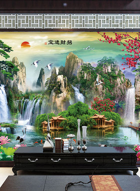 山水画自粘贴纸中式风景画墙贴画客厅沙发背景墙壁画办公室装饰画