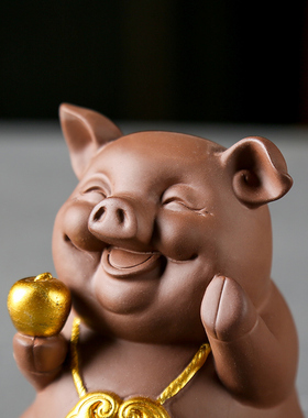 创意紫砂家居装饰品电视柜摆件 招财猪书房博古架摆设陶瓷工艺品