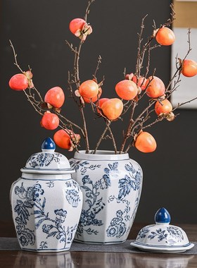 古风陶瓷花瓶青花瓷手绘缠枝花纹八角客厅陶瓷摆件仿古装饰书房