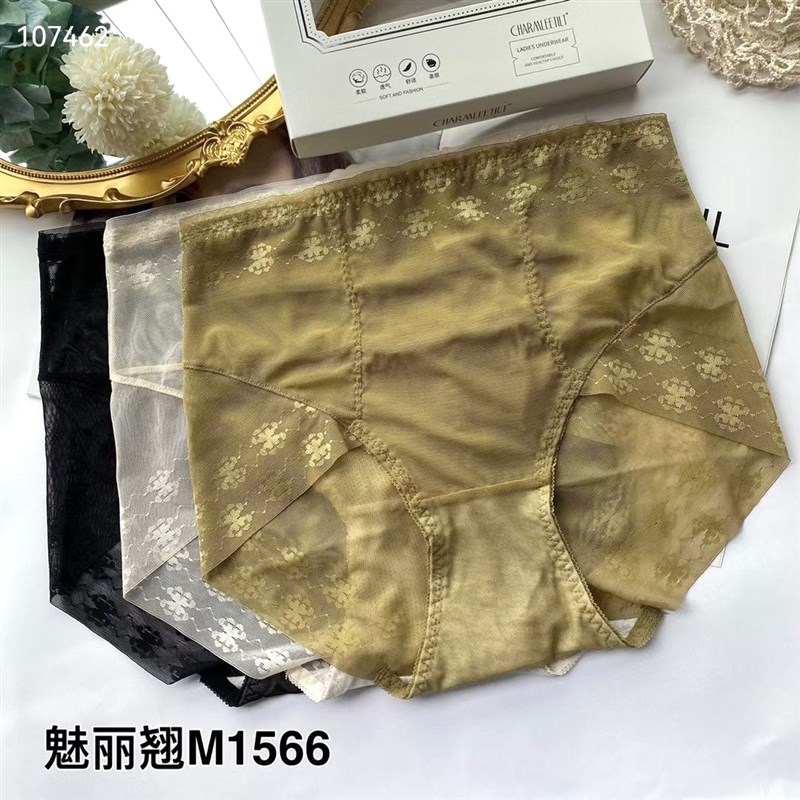 魅丽翘精品3条盒装高腰内裤女士蕾丝网纱抗菌纯棉档包臀三角裤头 - 图0