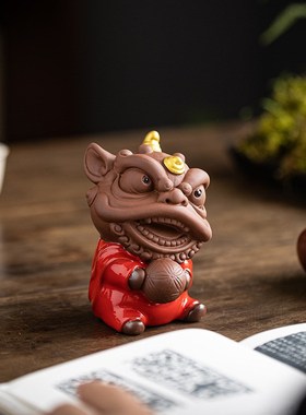 国潮紫砂小貔貅摆件可爱国风瑞兽创意客厅茶室桌面装饰品可养茶宠