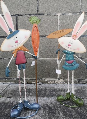 美式做旧铁艺兔子花园装饰摆件户外庭院阳台卡通可爱小动物装饰品