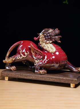 中式陶瓷招财貔貅一对红色客厅玄关办公室桌面装饰业礼品