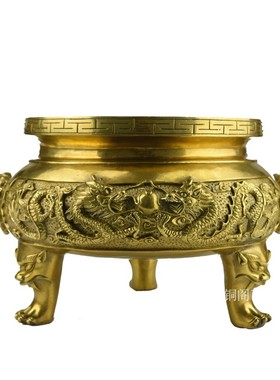 纯铜香炉大号二龙戏珠香炉黄铜铸造金黄色大香炉焚香具香炉关公炉